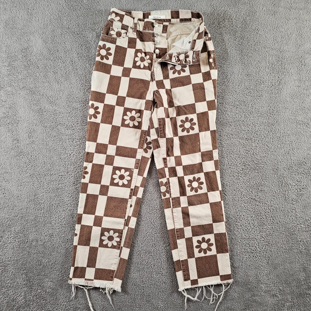 PacSun Brown Checkerboard Daisy Floral High‎ Waisted Straight Leg Jeans 25